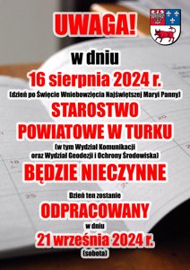 Zdjęcie główne dla wydarzenia: 16 sierpnia - Starostwo Powiatowe w Turku nieczynne